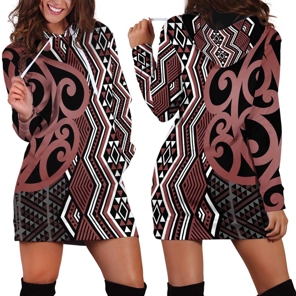 Maori Taniko Patterns Hoodie Dress Brown Patiki Motifs Mix Whakairo Ngaru LT7 - Polynesian Pride