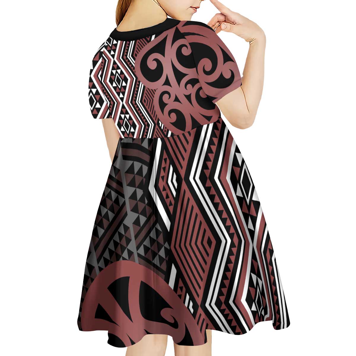 Maori Taniko Patterns Kid Short Sleeve Dress Brown Patiki Motifs Mix Whakairo Ngaru