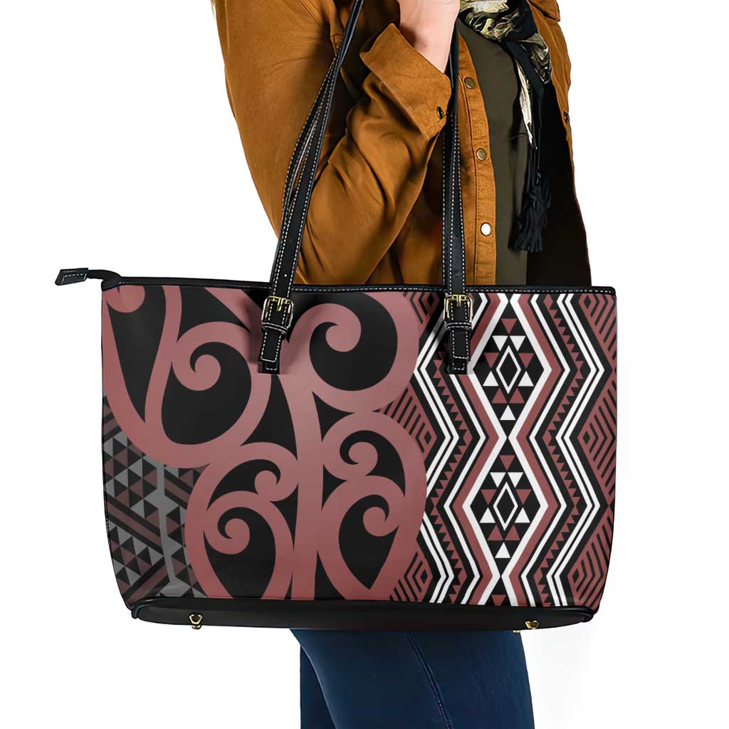Maori Taniko Patterns Leather Tote Bag Brown Patiki Motifs Mix Whakairo Ngaru