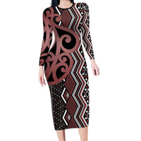 Maori Taniko Patterns Long Sleeve Bodycon Dress Brown Patiki Motifs Mix Whakairo Ngaru LT7 Long Dress Brown - Polynesian Pride