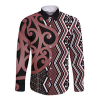 Maori Taniko Patterns Long Sleeve Button Shirt Brown Patiki Motifs Mix Whakairo Ngaru LT7 Unisex Brown - Polynesian Pride