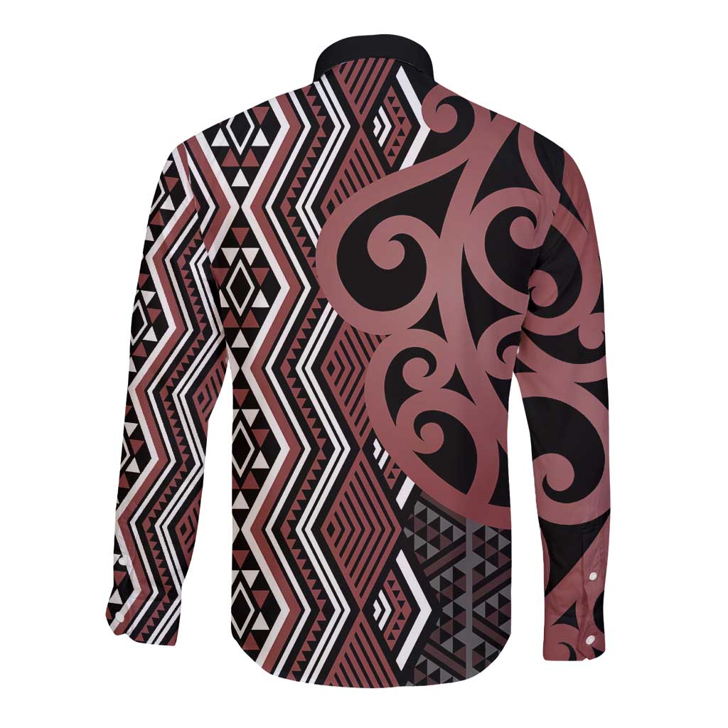 Maori Taniko Patterns Long Sleeve Button Shirt Brown Patiki Motifs Mix Whakairo Ngaru LT7 - Polynesian Pride