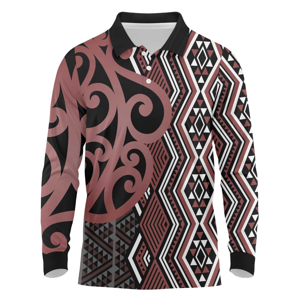 Maori Taniko Patterns Long Sleeve Polo Shirt Brown Patiki Motifs Mix Whakairo Ngaru LT7 Brown - Polynesian Pride
