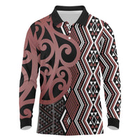 Maori Taniko Patterns Long Sleeve Polo Shirt Brown Patiki Motifs Mix Whakairo Ngaru LT7 Brown - Polynesian Pride