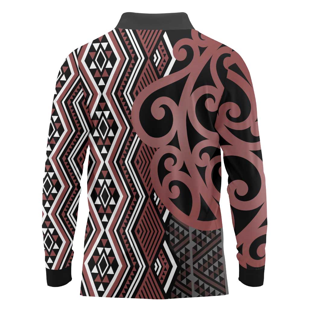 Maori Taniko Patterns Long Sleeve Polo Shirt Brown Patiki Motifs Mix Whakairo Ngaru LT7 - Polynesian Pride