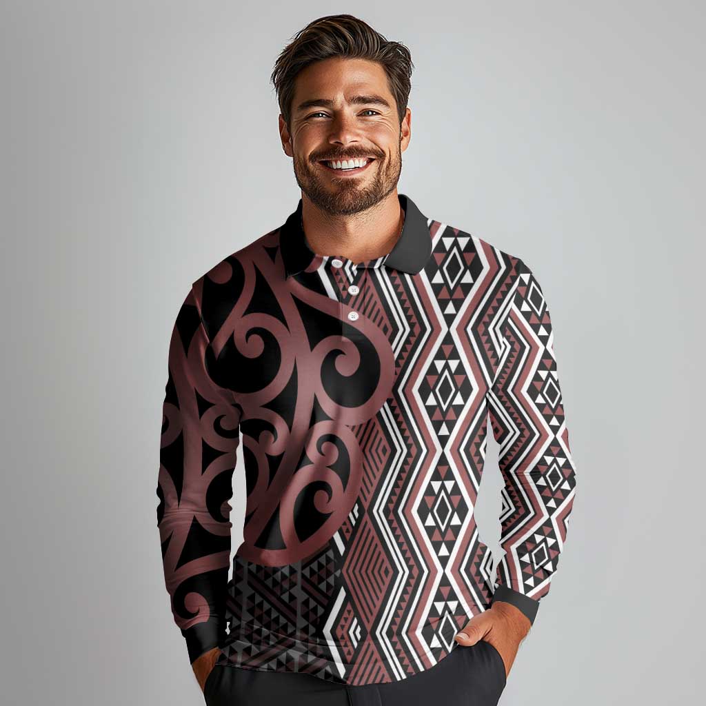 Maori Taniko Patterns Long Sleeve Polo Shirt Brown Patiki Motifs Mix Whakairo Ngaru LT7 - Polynesian Pride
