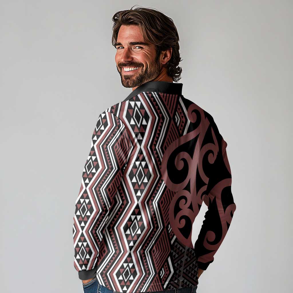 Maori Taniko Patterns Long Sleeve Polo Shirt Brown Patiki Motifs Mix Whakairo Ngaru LT7 - Polynesian Pride