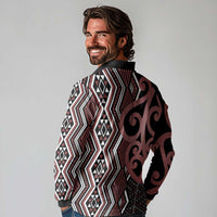 Maori Taniko Patterns Long Sleeve Polo Shirt Brown Patiki Motifs Mix Whakairo Ngaru LT7 - Polynesian Pride