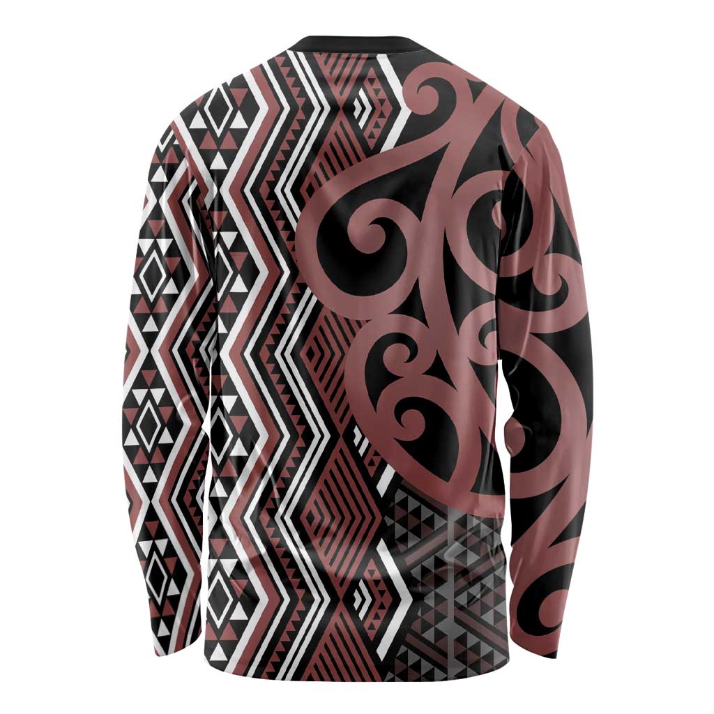 Maori Taniko Patterns Long Sleeve Shirt Brown Patiki Motifs Mix Whakairo Ngaru