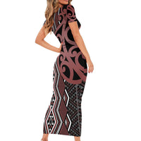 Maori Taniko Patterns Short Sleeve Bodycon Dress Brown Patiki Motifs Mix Whakairo Ngaru LT7 - Polynesian Pride