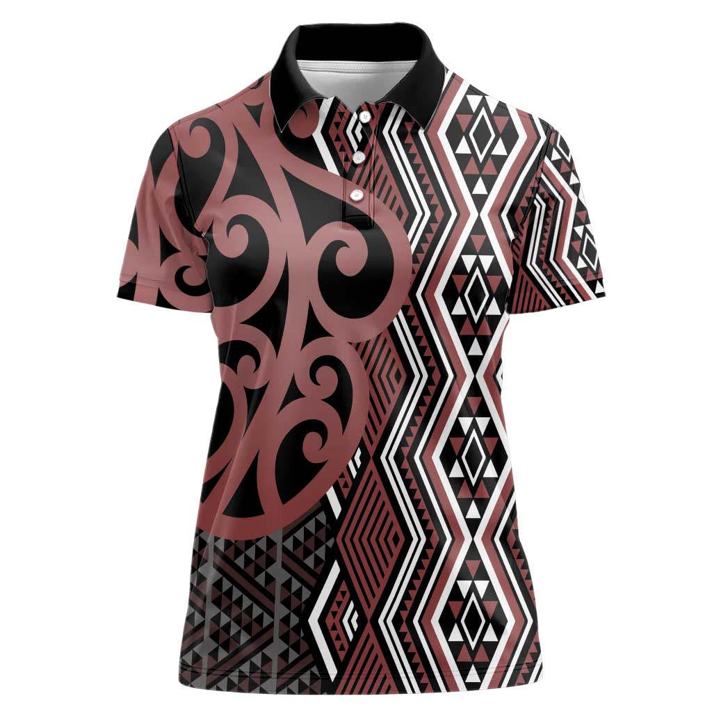 Maori Taniko Patterns Women Polo Shirt Brown Patiki Motifs Mix Whakairo Ngaru