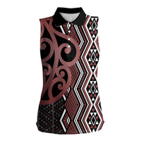 Maori Taniko Patterns Women Sleeveless Polo Shirt Brown Patiki Motifs Mix Whakairo Ngaru LT7 Female Brown - Polynesian Pride