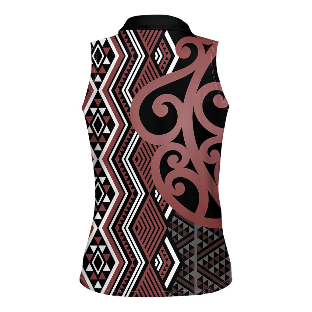 Maori Taniko Patterns Women Sleeveless Polo Shirt Brown Patiki Motifs Mix Whakairo Ngaru LT7 - Polynesian Pride