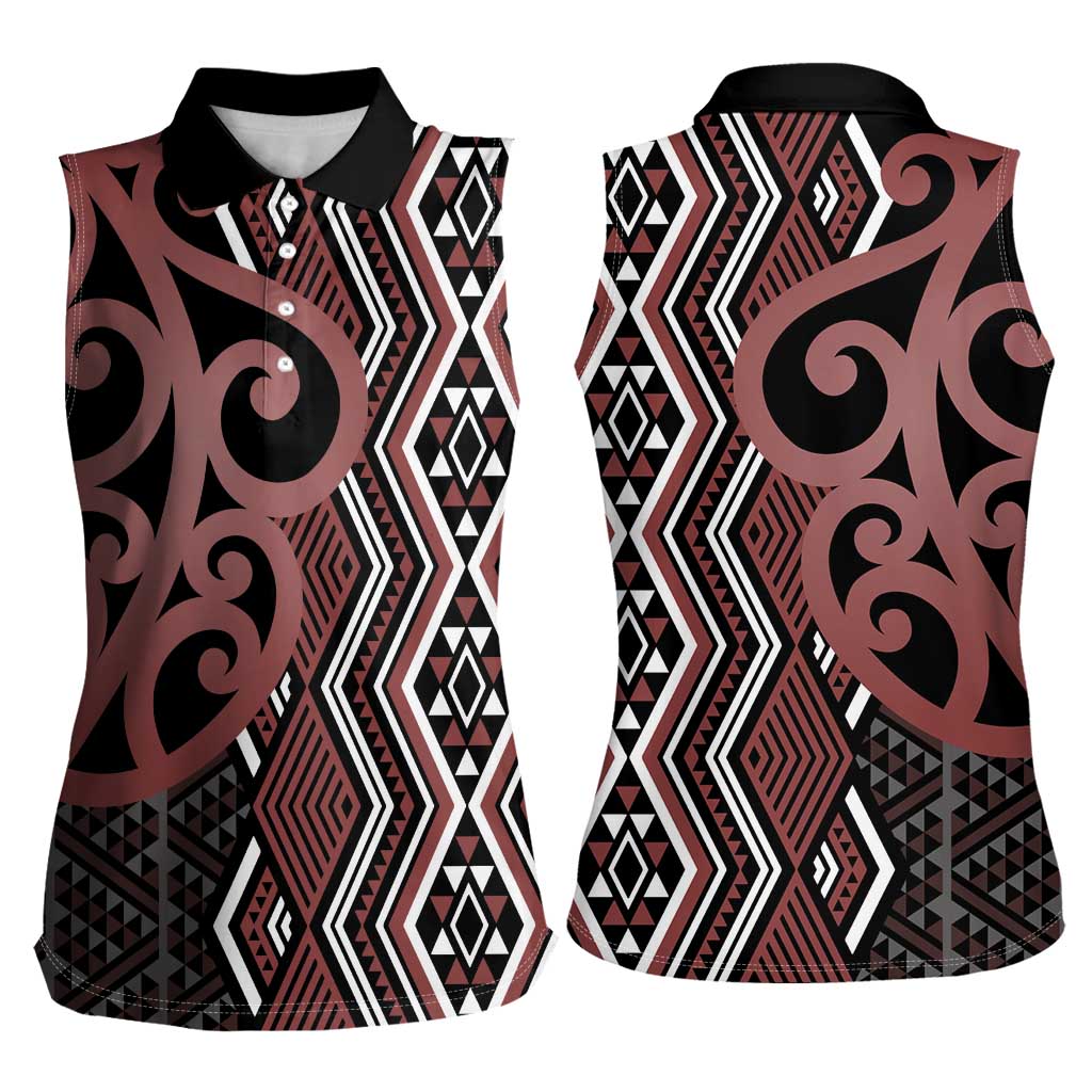 Maori Taniko Patterns Women Sleeveless Polo Shirt Brown Patiki Motifs Mix Whakairo Ngaru LT7 - Polynesian Pride