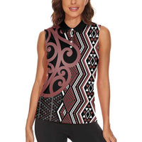 Maori Taniko Patterns Women Sleeveless Polo Shirt Brown Patiki Motifs Mix Whakairo Ngaru LT7 - Polynesian Pride