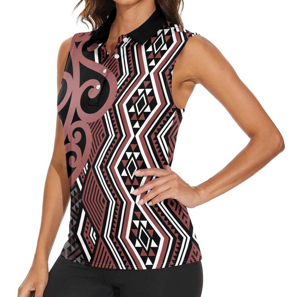 Maori Taniko Patterns Women Sleeveless Polo Shirt Brown Patiki Motifs Mix Whakairo Ngaru LT7 - Polynesian Pride