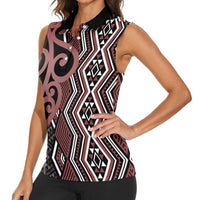 Maori Taniko Patterns Women Sleeveless Polo Shirt Brown Patiki Motifs Mix Whakairo Ngaru LT7 - Polynesian Pride