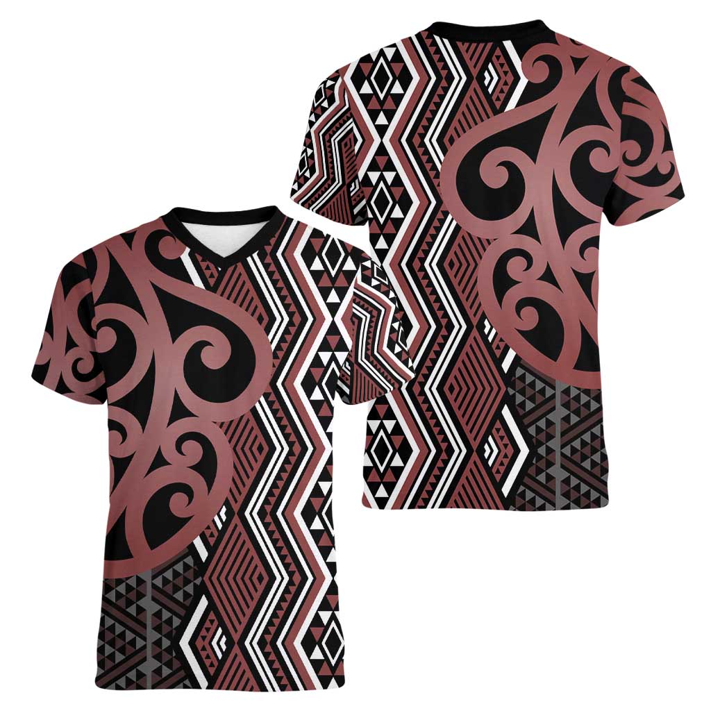 Maori Taniko Patterns Women V-Neck T-Shirt Brown Patiki Motifs Mix Whakairo Ngaru LT7 - Polynesian Pride