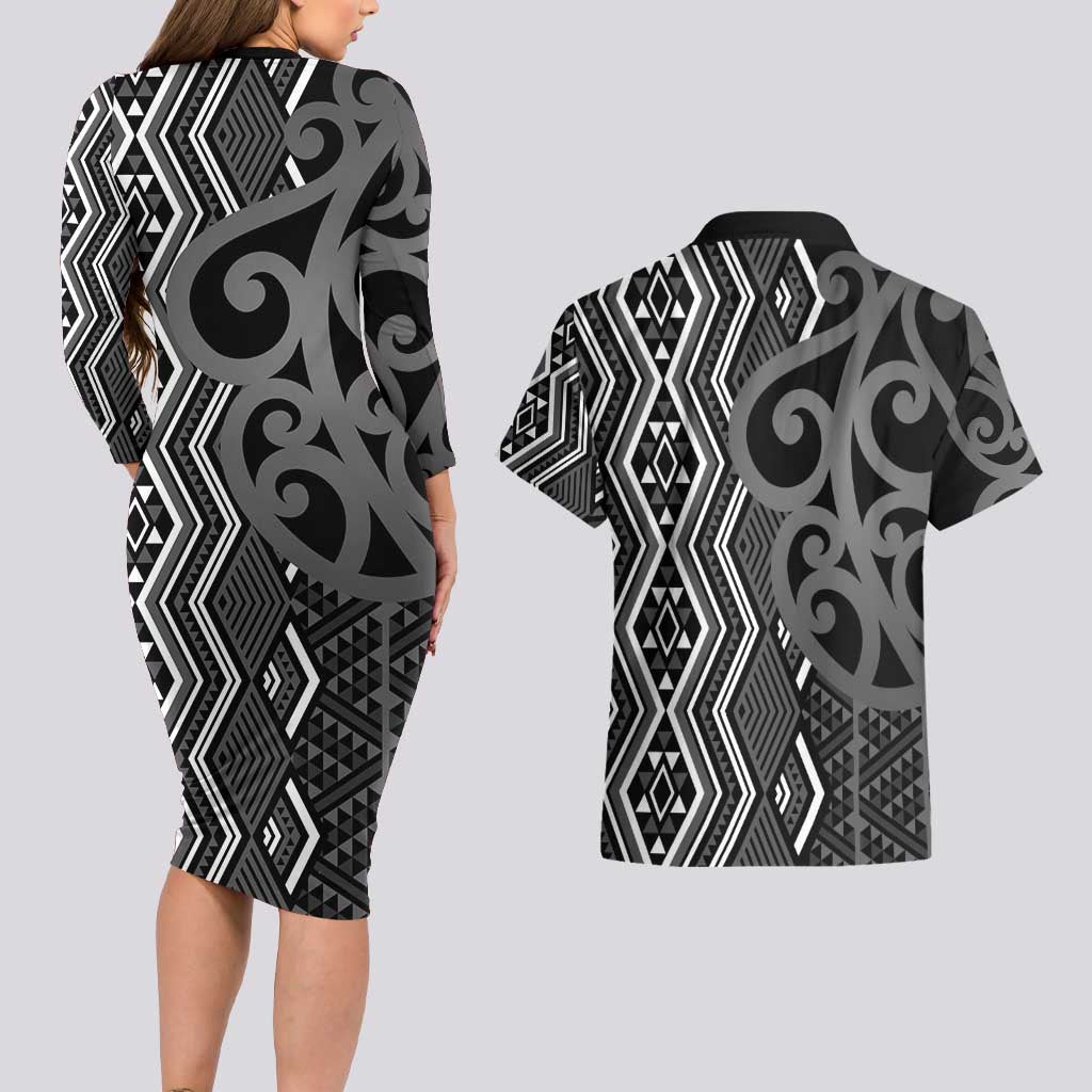 Maori Taniko Patterns Couples Matching Long Sleeve Bodycon Dress and Hawaiian Shirt Black Patiki Motifs Mix Whakairo Ngaru LT7 - Polynesian Pride