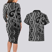Maori Taniko Patterns Couples Matching Long Sleeve Bodycon Dress and Hawaiian Shirt Black Patiki Motifs Mix Whakairo Ngaru LT7 - Polynesian Pride