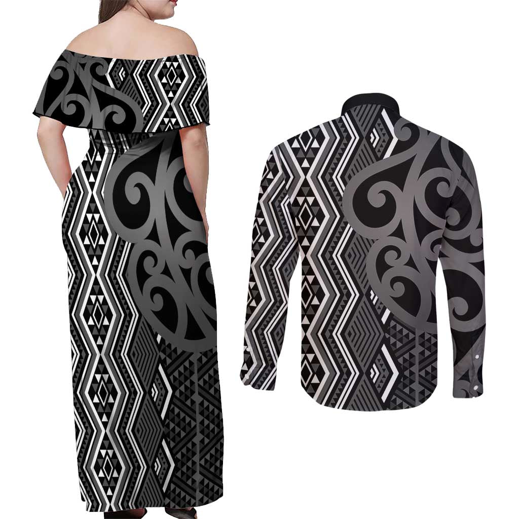Maori Taniko Patterns Couples Matching Off Shoulder Maxi Dress and Long Sleeve Button Shirt Black Patiki Motifs Mix Whakairo Ngaru LT7 - Polynesian Pride