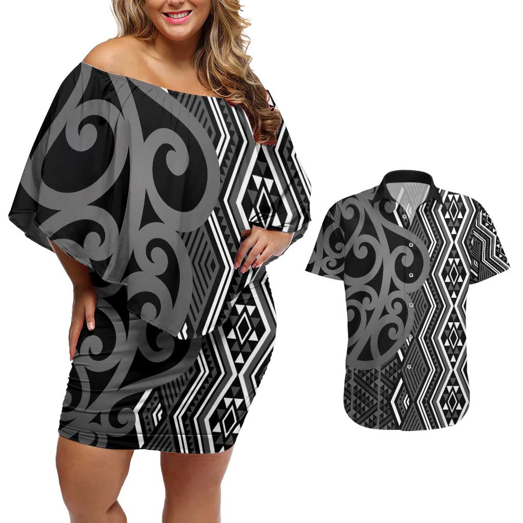 Maori Taniko Patterns Couples Matching Off Shoulder Short Dress and Hawaiian Shirt Black Patiki Motifs Mix Whakairo Ngaru LT7 Black - Polynesian Pride