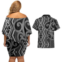 Maori Taniko Patterns Couples Matching Off Shoulder Short Dress and Hawaiian Shirt Black Patiki Motifs Mix Whakairo Ngaru LT7 - Polynesian Pride