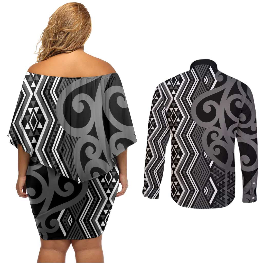 Maori Taniko Patterns Couples Matching Off Shoulder Short Dress and Long Sleeve Button Shirt Black Patiki Motifs Mix Whakairo Ngaru LT7 - Polynesian Pride