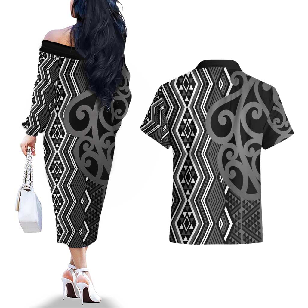 Maori Taniko Patterns Couples Matching Off The Shoulder Long Sleeve Dress and Hawaiian Shirt Black Patiki Motifs Mix Whakairo Ngaru LT7 - Polynesian Pride