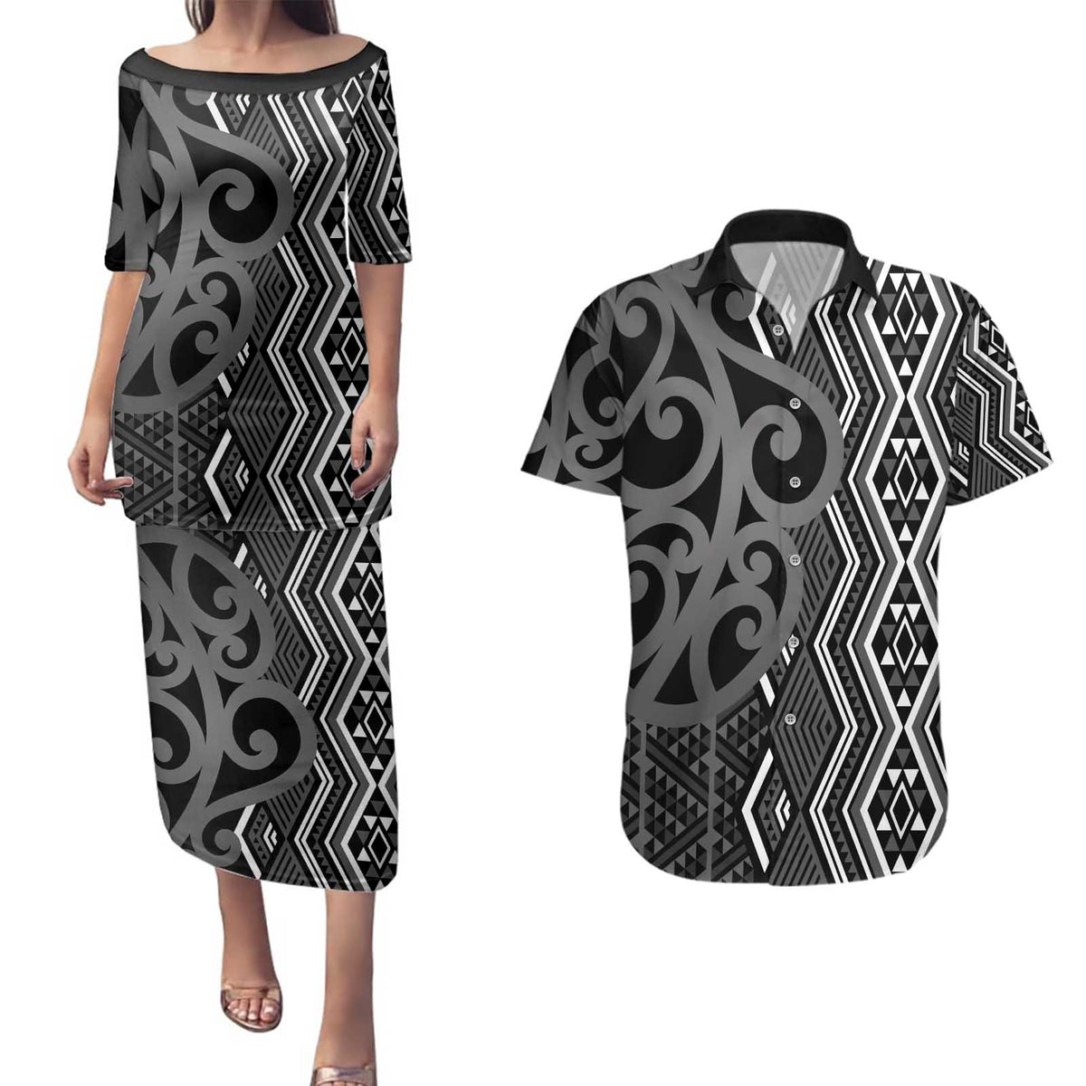 Maori Taniko Patterns Couples Matching Puletasi and Hawaiian Shirt Black Patiki Motifs Mix Whakairo Ngaru LT7 Black - Polynesian Pride