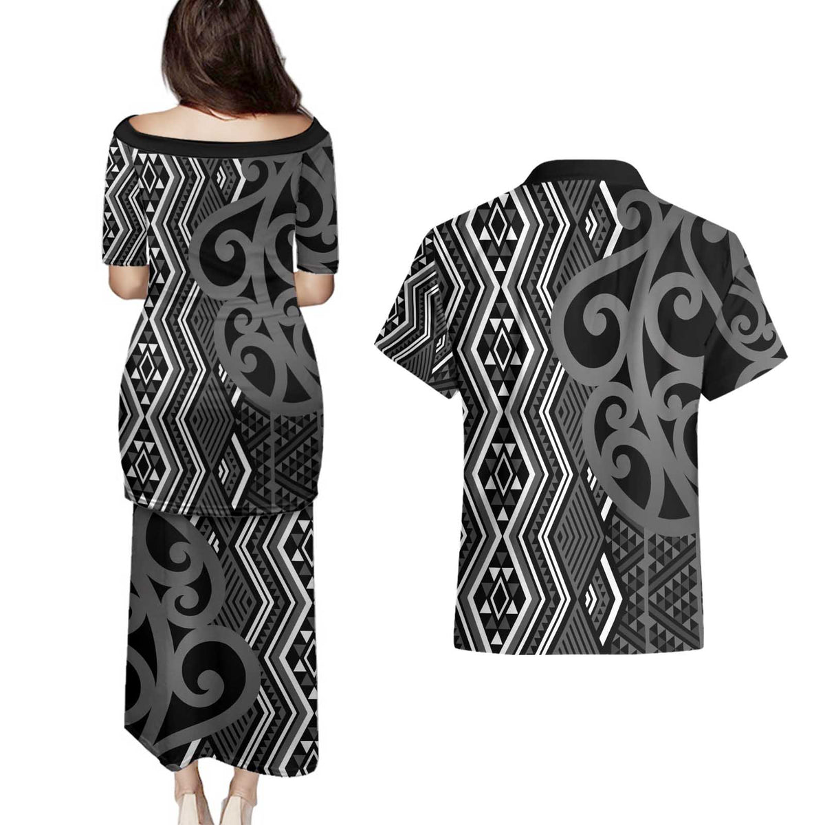 Maori Taniko Patterns Couples Matching Puletasi and Hawaiian Shirt Black Patiki Motifs Mix Whakairo Ngaru LT7 - Polynesian Pride