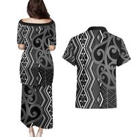 Maori Taniko Patterns Couples Matching Puletasi and Hawaiian Shirt Black Patiki Motifs Mix Whakairo Ngaru LT7 - Polynesian Pride