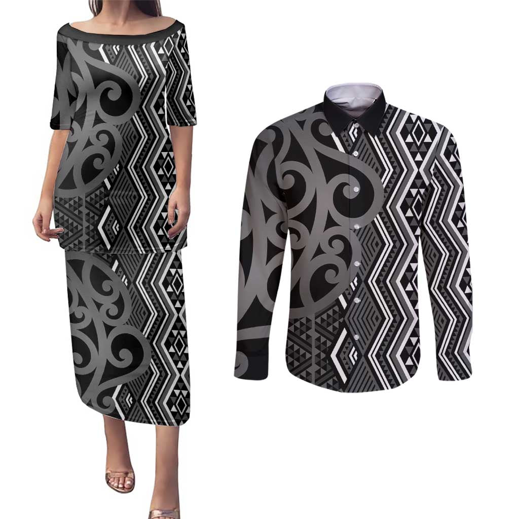 Maori Taniko Patterns Couples Matching Puletasi and Long Sleeve Button Shirt Black Patiki Motifs Mix Whakairo Ngaru LT7 Black - Polynesian Pride