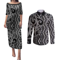 Maori Taniko Patterns Couples Matching Puletasi and Long Sleeve Button Shirt Black Patiki Motifs Mix Whakairo Ngaru LT7 Black - Polynesian Pride
