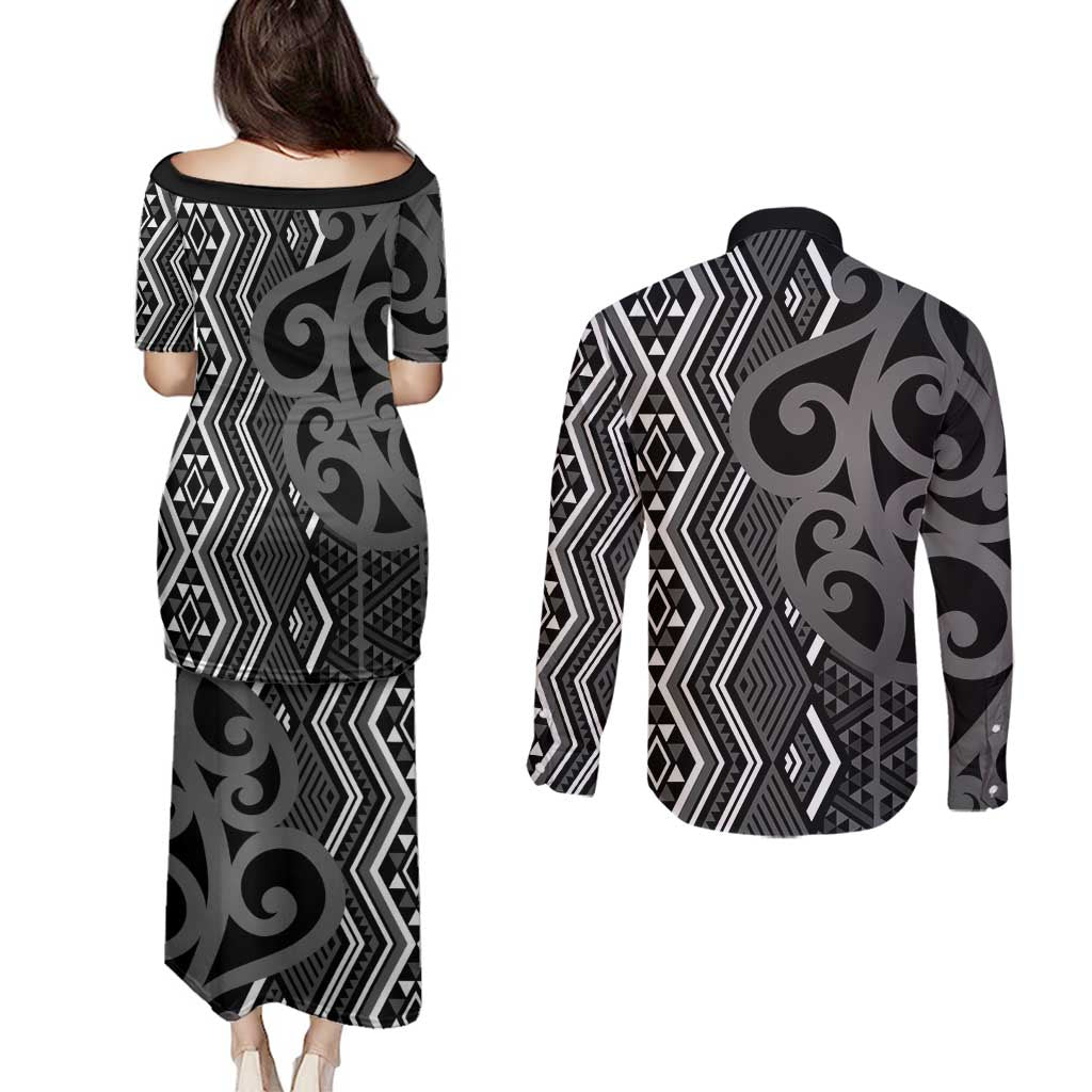 Maori Taniko Patterns Couples Matching Puletasi and Long Sleeve Button Shirt Black Patiki Motifs Mix Whakairo Ngaru LT7 - Polynesian Pride