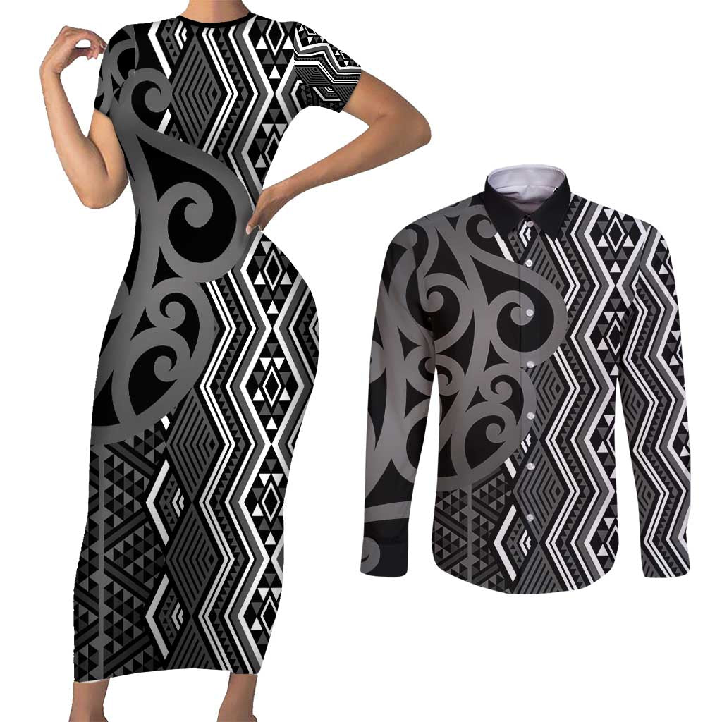 Maori Taniko Patterns Couples Matching Short Sleeve Bodycon Dress and Long Sleeve Button Shirt Black Patiki Motifs Mix Whakairo Ngaru