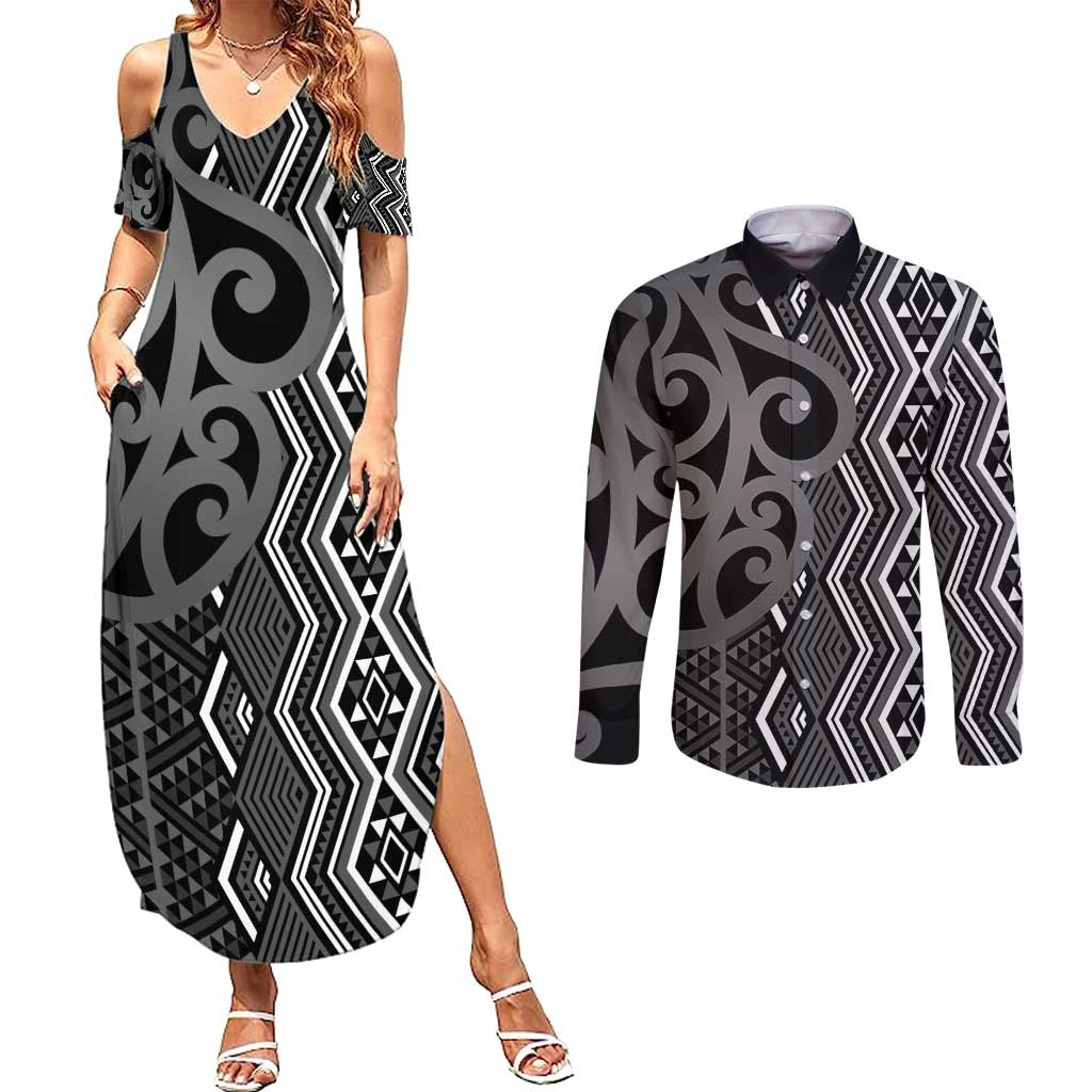 Maori Taniko Patterns Couples Matching Summer Maxi Dress and Long Sleeve Button Shirt Black Patiki Motifs Mix Whakairo Ngaru