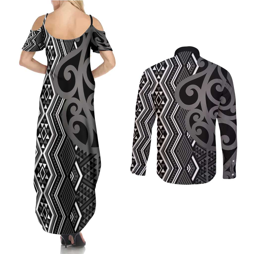 Maori Taniko Patterns Couples Matching Summer Maxi Dress and Long Sleeve Button Shirt Black Patiki Motifs Mix Whakairo Ngaru LT7 - Polynesian Pride