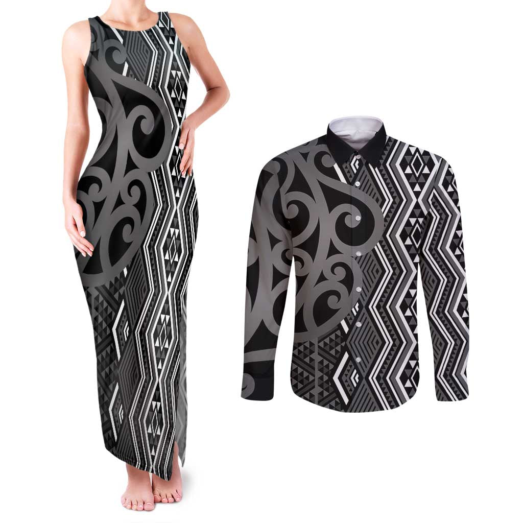 Maori Taniko Patterns Couples Matching Tank Maxi Dress and Long Sleeve Button Shirt Black Patiki Motifs Mix Whakairo Ngaru LT7 Black - Polynesian Pride