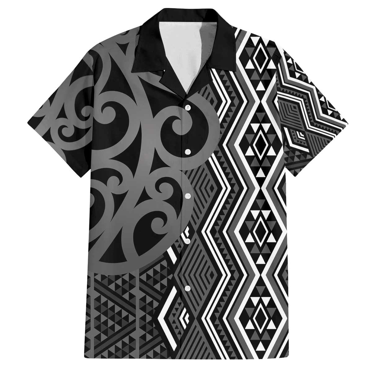 Maori Taniko Patterns Family Matching Off The Shoulder Long Sleeve Dress and Hawaiian Shirt Black Patiki Motifs Mix Whakairo Ngaru LT7 Dad's Shirt - Short Sleeve Black - Polynesian Pride