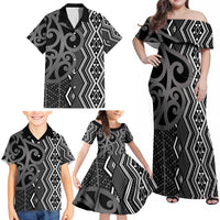 Maori Taniko Patterns Family Matching Off Shoulder Maxi Dress and Hawaiian Shirt Black Patiki Motifs Mix Whakairo Ngaru LT7 - Polynesian Pride