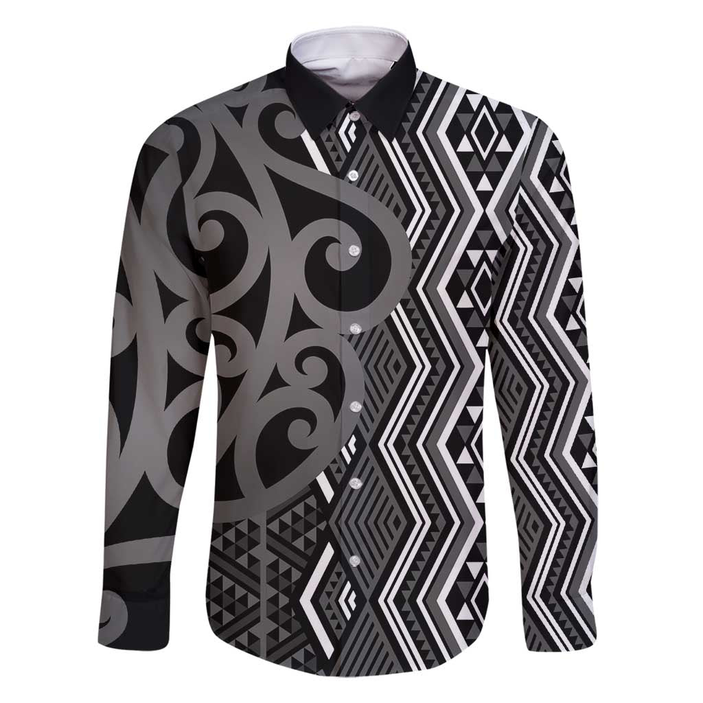 Maori Taniko Patterns Family Matching Off Shoulder Maxi Dress and Hawaiian Shirt Black Patiki Motifs Mix Whakairo Ngaru LT7 Dad's Shirt - Long Sleeve Black - Polynesian Pride