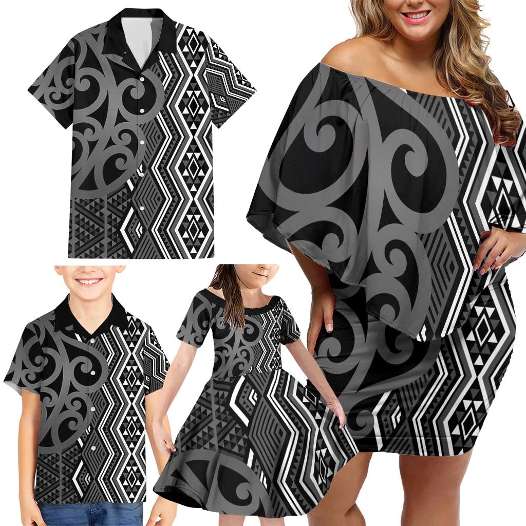 Maori Taniko Patterns Family Matching Off Shoulder Short Dress and Hawaiian Shirt Black Patiki Motifs Mix Whakairo Ngaru LT7 - Polynesian Pride