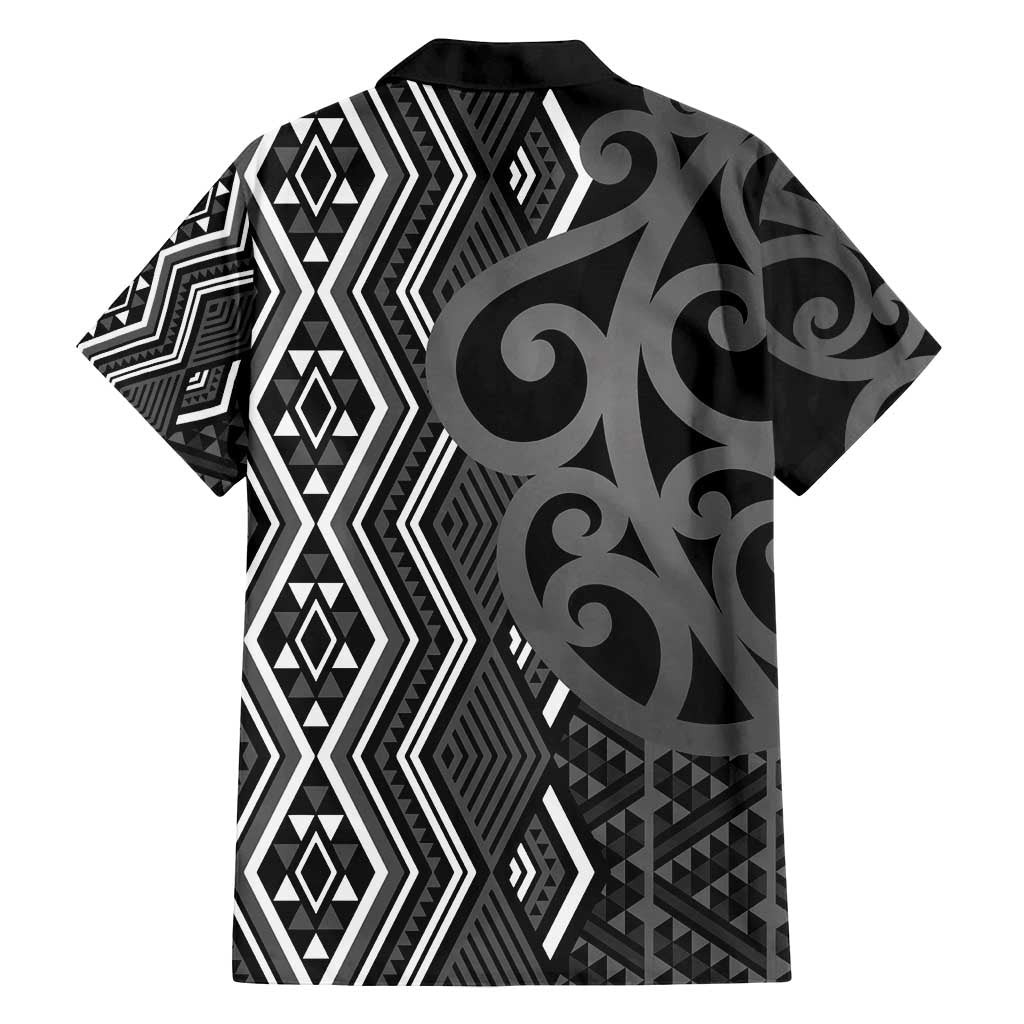 Maori Taniko Patterns Family Matching Off Shoulder Short Dress and Hawaiian Shirt Black Patiki Motifs Mix Whakairo Ngaru LT7 - Polynesian Pride