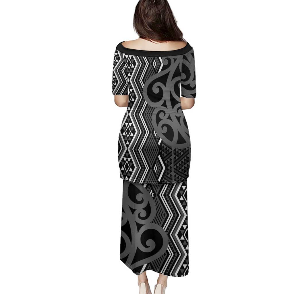 Maori Taniko Patterns Family Matching Puletasi and Hawaiian Shirt Black Patiki Motifs Mix Whakairo Ngaru LT7 - Polynesian Pride
