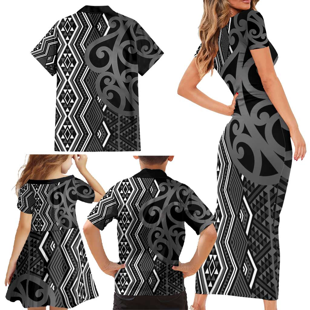 Maori Taniko Patterns Family Matching Short Sleeve Bodycon Dress and Hawaiian Shirt Black Patiki Motifs Mix Whakairo Ngaru LT7 - Polynesian Pride