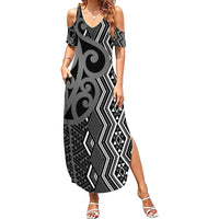 Maori Taniko Patterns Family Matching Summer Maxi Dress and Hawaiian Shirt Black Patiki Motifs Mix Whakairo Ngaru LT7 Mom's Dress Black - Polynesian Pride