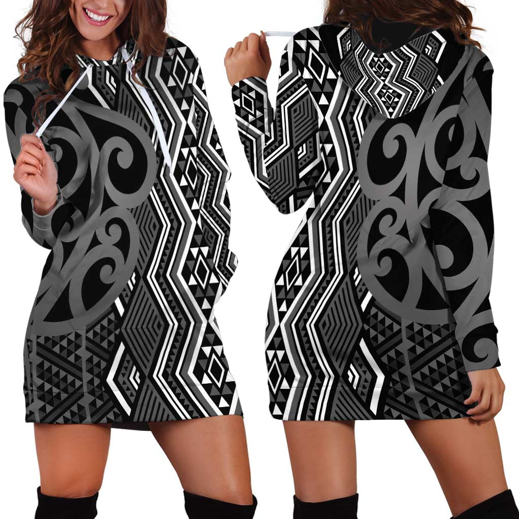 Maori Taniko Patterns Hoodie Dress Black Patiki Motifs Mix Whakairo Ngaru LT7 - Polynesian Pride