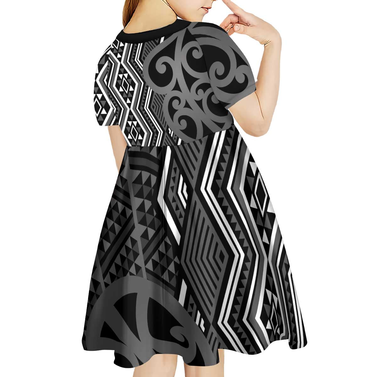 Maori Taniko Patterns Kid Short Sleeve Dress Black Patiki Motifs Mix Whakairo Ngaru