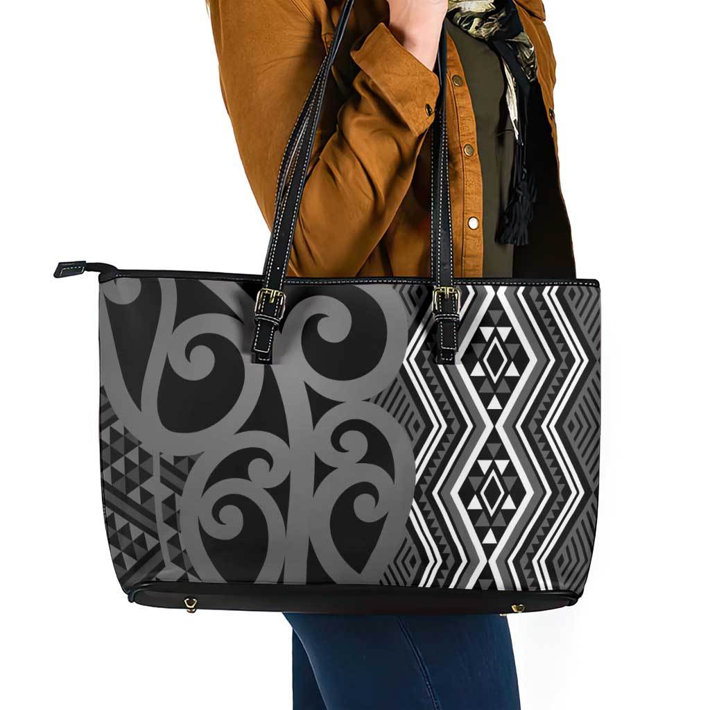 Maori Taniko Patterns Leather Tote Bag Black Patiki Motifs Mix Whakairo Ngaru
